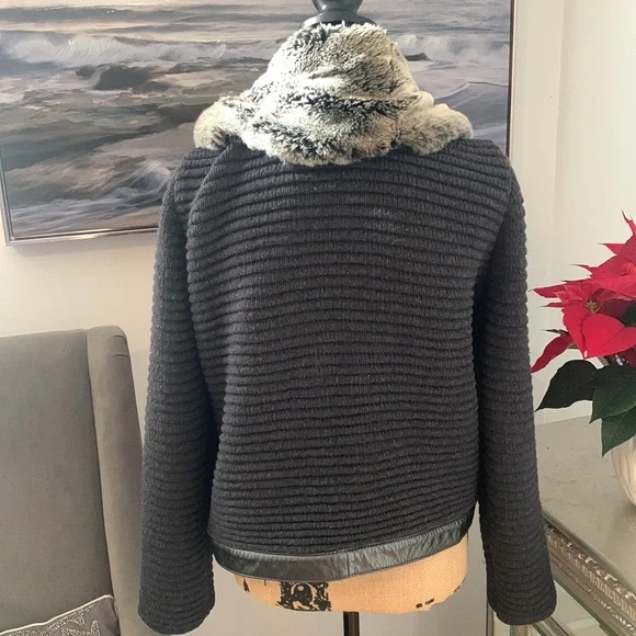 ST. JOHN Designer fur Coat Jacket Leather Wool Rabbit Gray S 4 6 Luxury - Picture 5 of 14